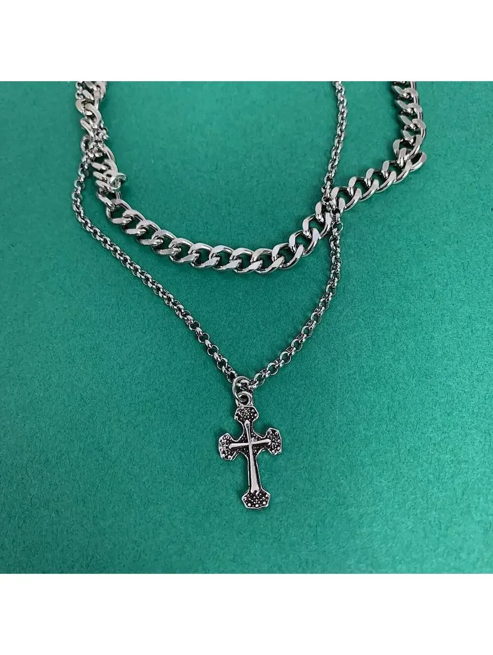 Y2k 2000s style Stainless Steel Double layer silver chrome cross chain grunge Cu